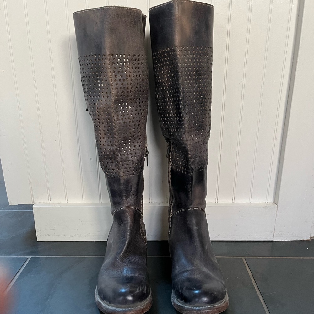 Bed Stu Cambridge Black Driftwood Perforated Leather Knee-High Boot, size 8.5